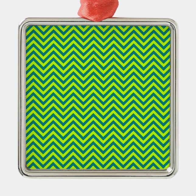 Teal And Lime Green Chevron Pattern Metal Ornament (Front)