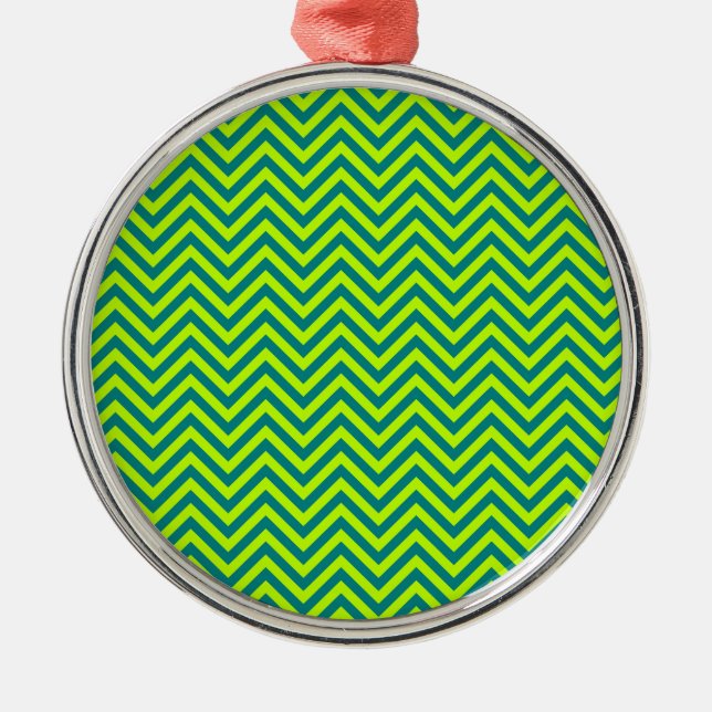 Teal And Lime Green Chevron Pattern Metal Ornament (Front)