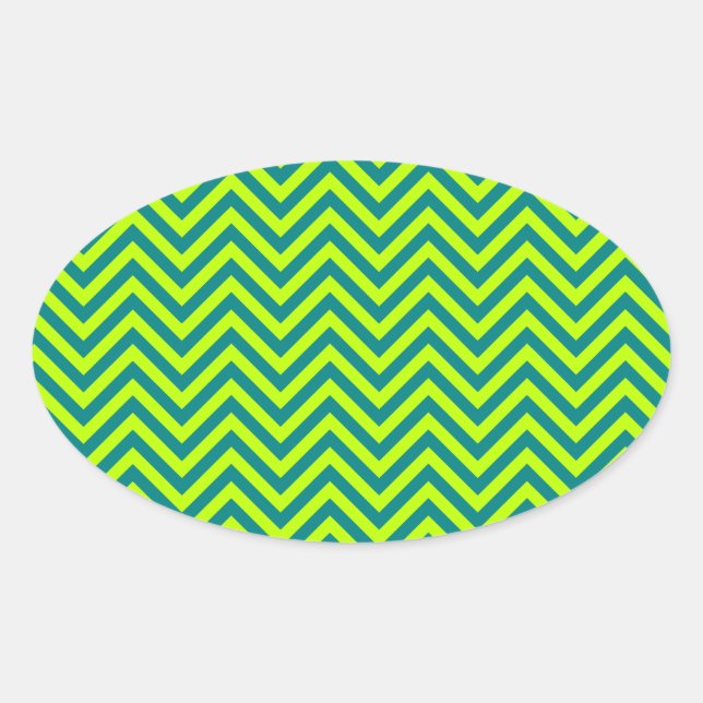 Teal And Lime Green Chevron Pattern Oval Sticker (Front)