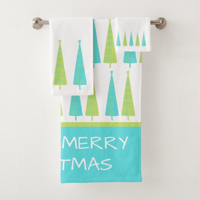 Teal and Lime Green Christmas Trees Personalized Bath Towel Set (Insitu)