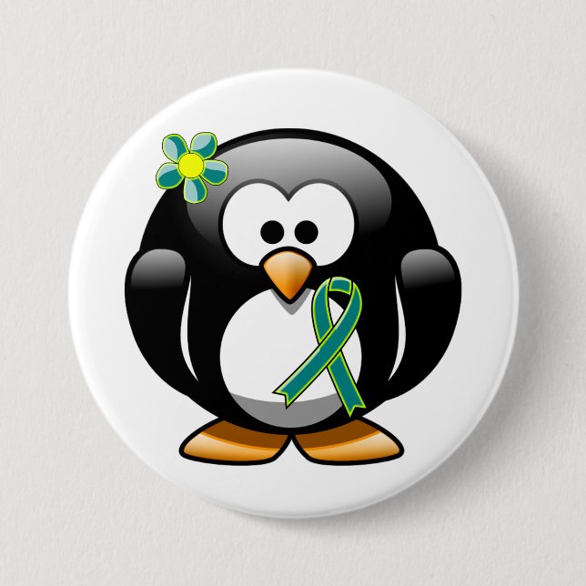 Teal and Lime Green Ribbon Penguin 3 Inch Round Button (Front)