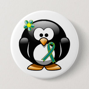 Teal and Lime Green Ribbon Penguin 3 Inch Round Button