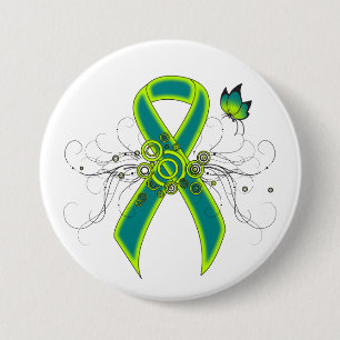 Teal and Lime Green Ribbon with Butterfly 3 Inch Round Button