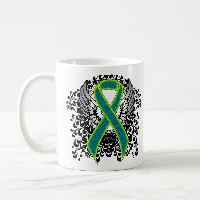 Teal and Lime Green Ribbon with Wings Coffee Mug (Left)