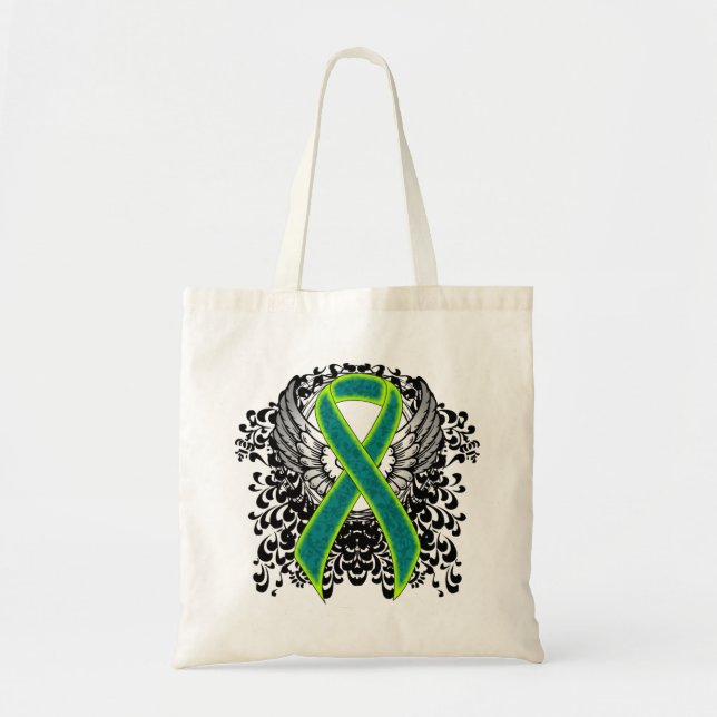 Teal and Lime Green Ribbon with Wings Tote Bag (Front)