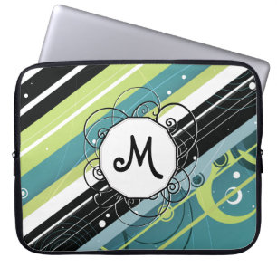 Teal and Lime Modern-Retro Stripes with Monogram Laptop Sleeve