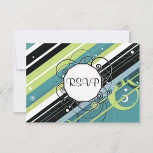 Teal and Lime Modern-Retro Stripes with Monogram RSVP Card