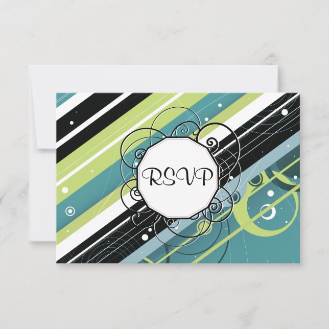 Teal and Lime Modern-Retro Stripes with Monogram RSVP Card (Front)