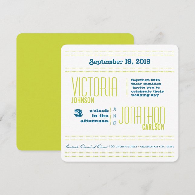 Teal and Lime Modern Typography Wedding Invitation (Front/Back)