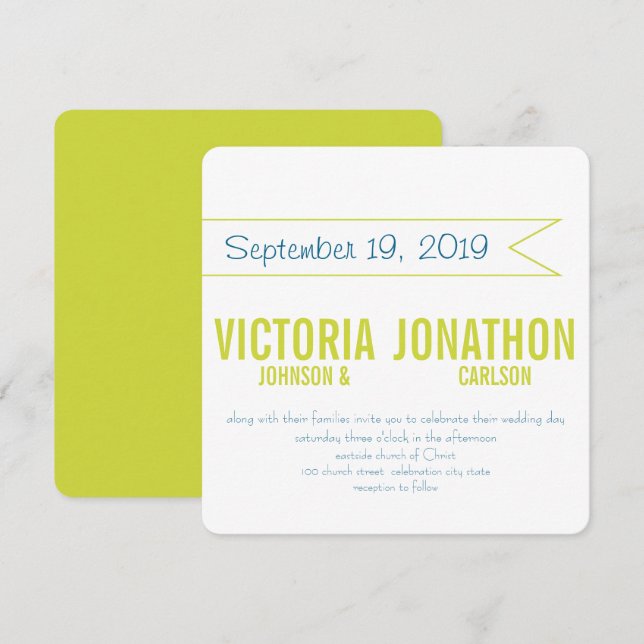 Teal and Lime Modern Typography Wedding Invitation (Front/Back)
