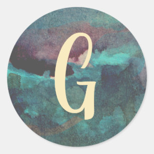 Teal and Maroon Monogram Watercolor Classic Round Sticker