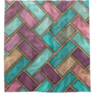 Teal and Mauve Herringbone Tile Pattern - Brick