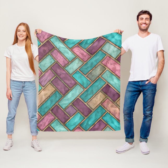 Teal and Mauve Herringbone Tile Pattern - Brick Fleece Blanket (In Situ)