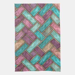 Teal and Mauve Herringbone Tile Pattern - Brick Kitchen Towel