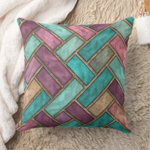 Teal and Mauve Herringbone Tile Pattern - Brick Throw Pillow