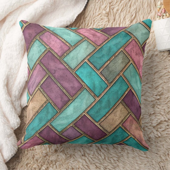 Teal and Mauve Herringbone Tile Pattern - Brick Throw Pillow (Blanket)
