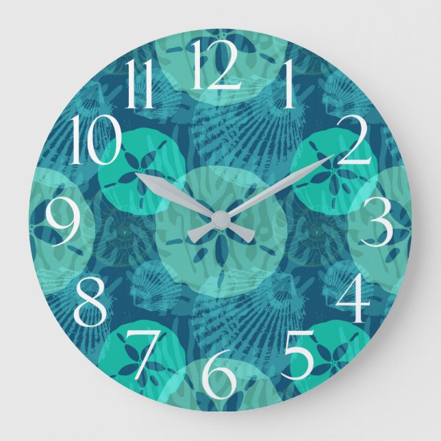 Teal and Navy Blue Seashells Sand Dollars Beach Large Clock (Front)
