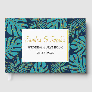 Teal and navy blue tropical leaves wedding guest book
