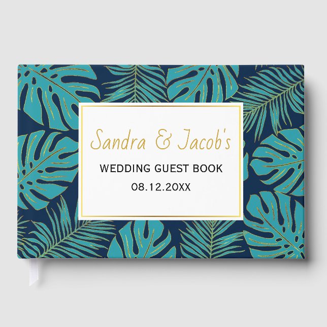 Teal and navy blue tropical leaves wedding guest book (Front)