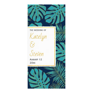 Teal and navy blue tropical leaves wedding program
