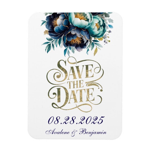 Teal and Navy Peony Gold Save The Date Magnet (Vertical)