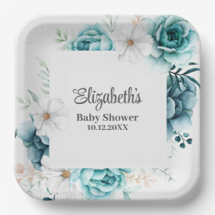 Teal and Off-White Baby Shower  Paper Plate