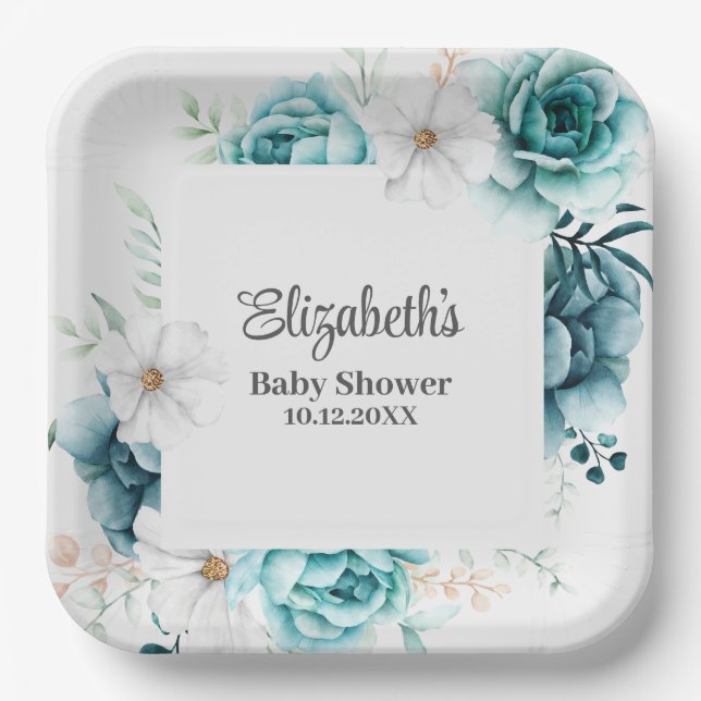 Teal and Off-White Baby Shower  Paper Plate (Front)