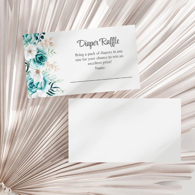 Teal and Off-White Wildflowers Diaper Raffle Enclosure Card (Teal and Off-White Wildflowers Diaper Raffle Enclosure Card on a white dry palm leaf.)