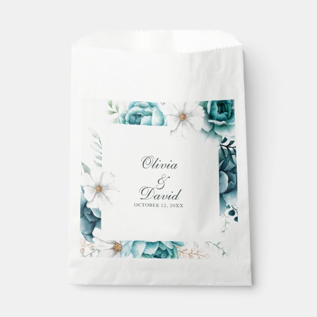 Teal and Off-White Wildflowers Wedding Favour Bag (Front)