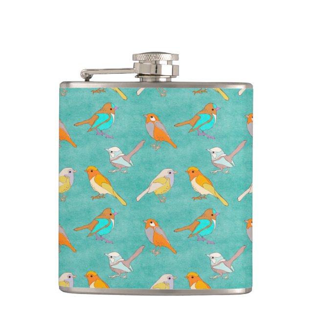 Teal and Orange Colourful Birds Pattern Turquoise Hip Flask (Front)