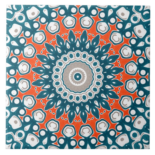 Teal and Orange Decorative Mandala Tile (Front)