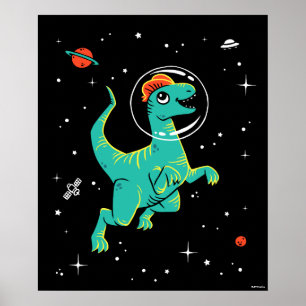 Teal And Orange Dilophosaurus Dinos In Space Poster