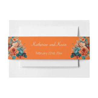 Teal and Orange Floral Wedding Invitation  Invitation Belly Band