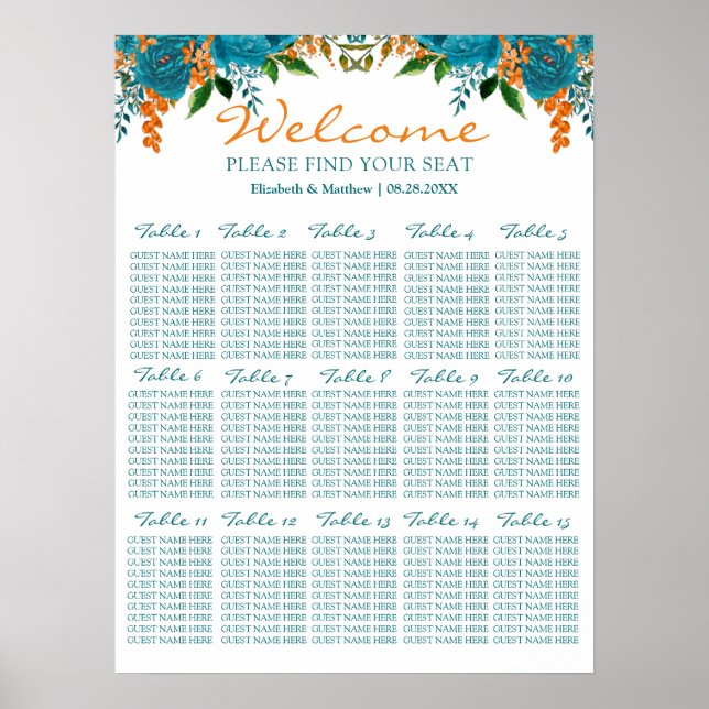 Teal and Orange Floral Wedding Seating Chart (Front)