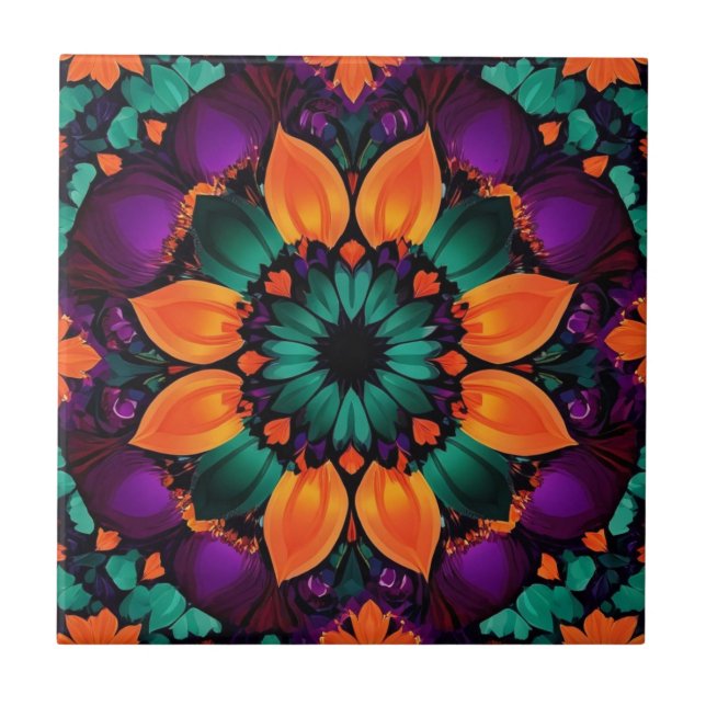 Teal and Orange flower with purple Tile (Front)