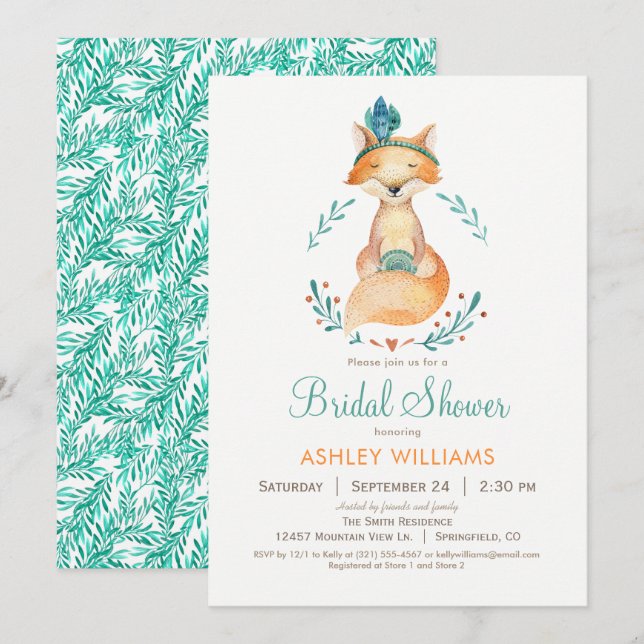 Teal and Orange Fox Bridal Shower Invitation (Front/Back)