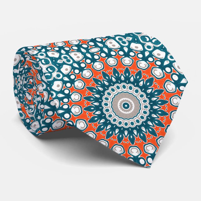 Teal and Orange Geometric Mandala Tie (Rolled)