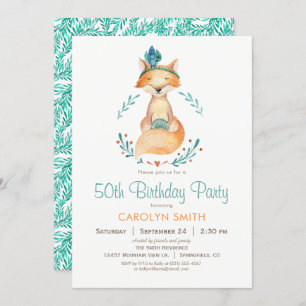 Teal and Orange Girl Fox Birthday Party Invitation