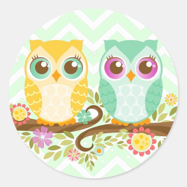 Teal and Orange Owls - Round Stickers (Front)