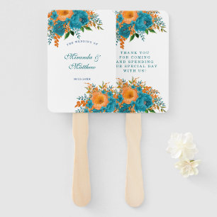 Teal and Orange Painted Floral Wedding Thank You Hand Fan