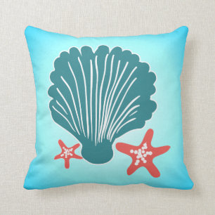 Teal and Orange Sea Shell and Star Fish Throw Pillow