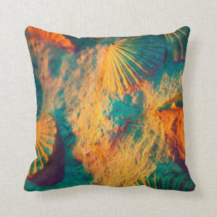 Teal and Orange Seashells and Sand Throw Pillow