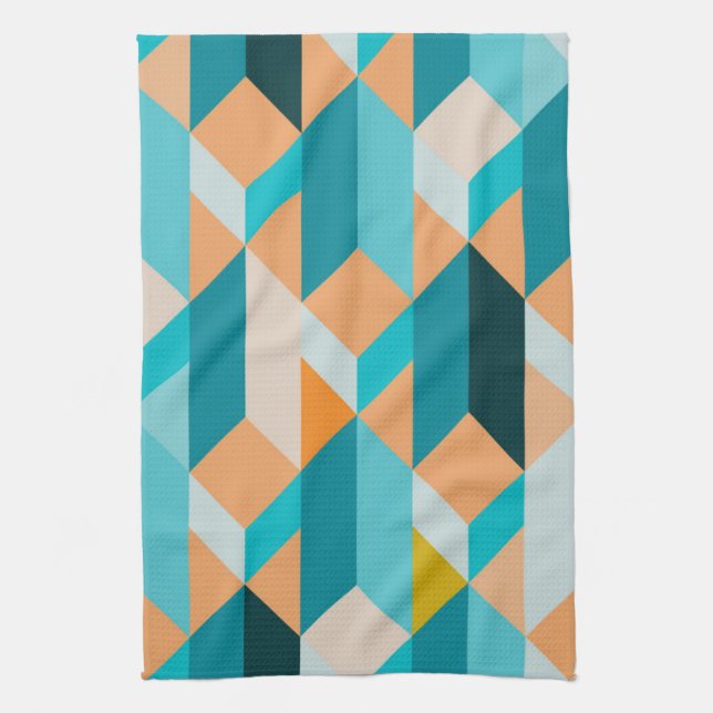 Teal And Orange Shapes Pattern Kitchen Towel (Vertical)