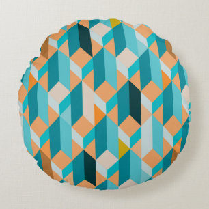 Teal And Orange Shapes Pattern Round Pillow