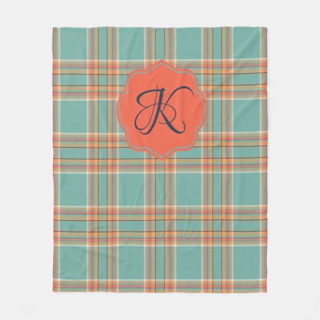 Teal and Orange Tartan Plaid Monogram Blanket (Front)