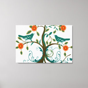 Teal and Orange Vintage Love Birds Canvas Print