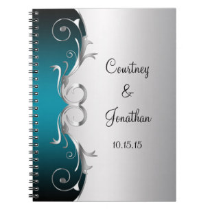 Teal and Ornate Silver Swirls Wedding Guest Book