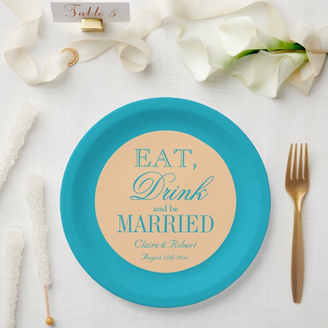 Teal and peach colour trendy paper wedding plates (Wedding)