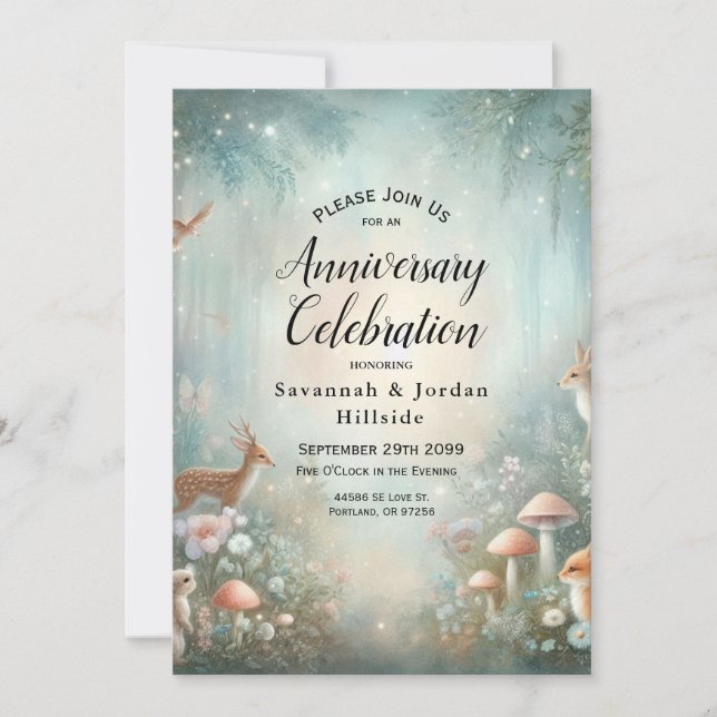 Teal and Peach Enchanted Forest Anniversary Party Invitation (Front)