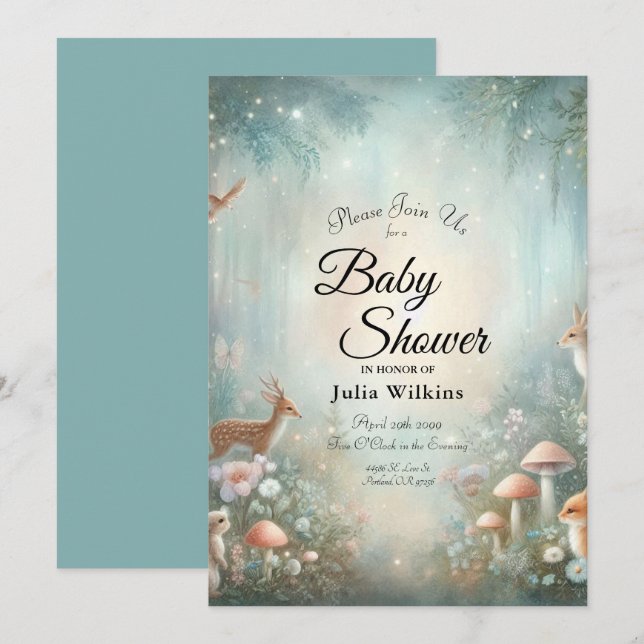 Teal and Peach Enchanted Forest Baby Shower Invitation (Front/Back)